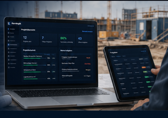 Kernlogik Dashboard auf Laptop und Tablet vor einer Baustelle