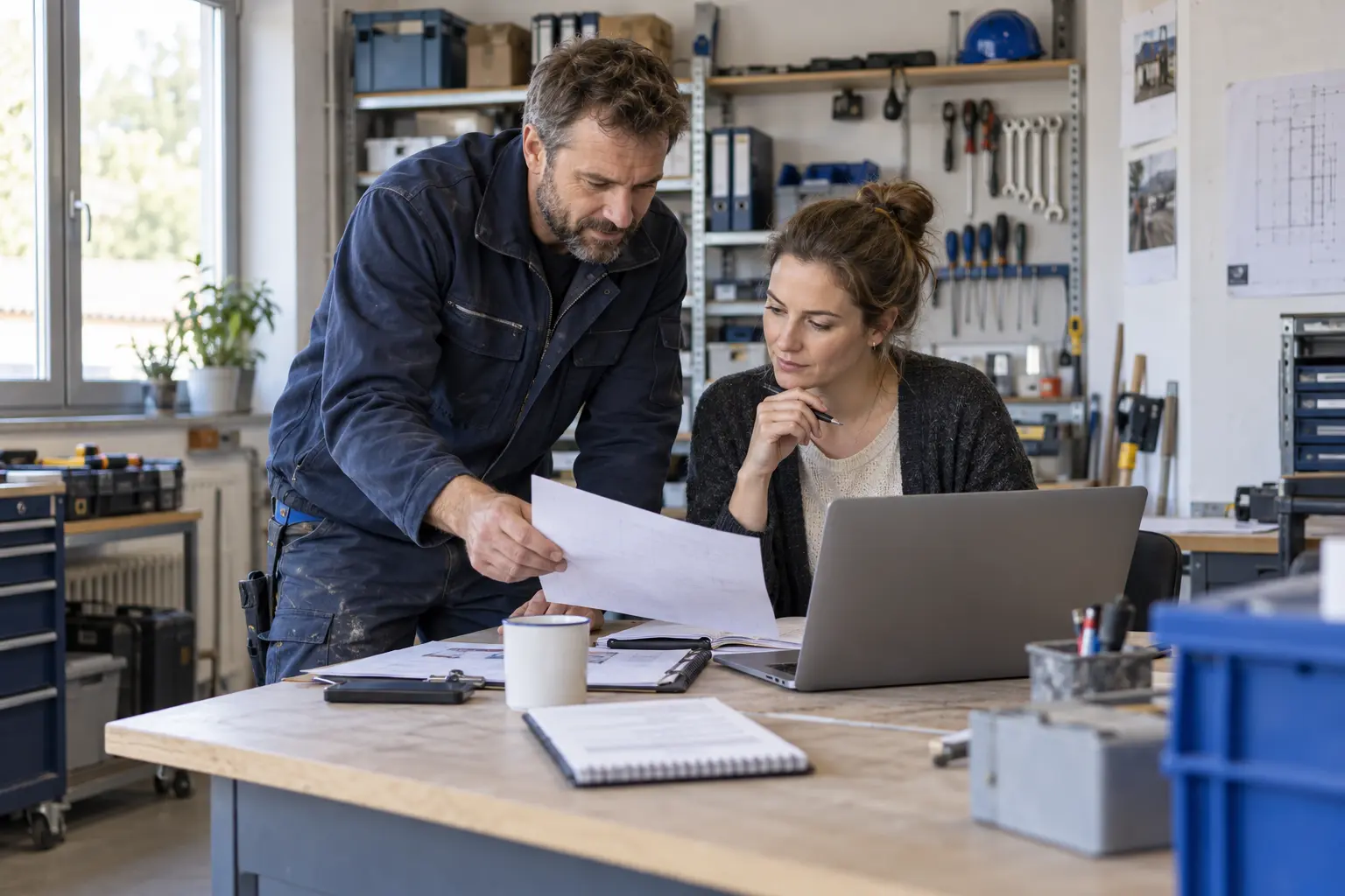 Handwerksmeister und Mitarbeiterin stimmen sich im Werkstattbüro zu einem Auftrag ab