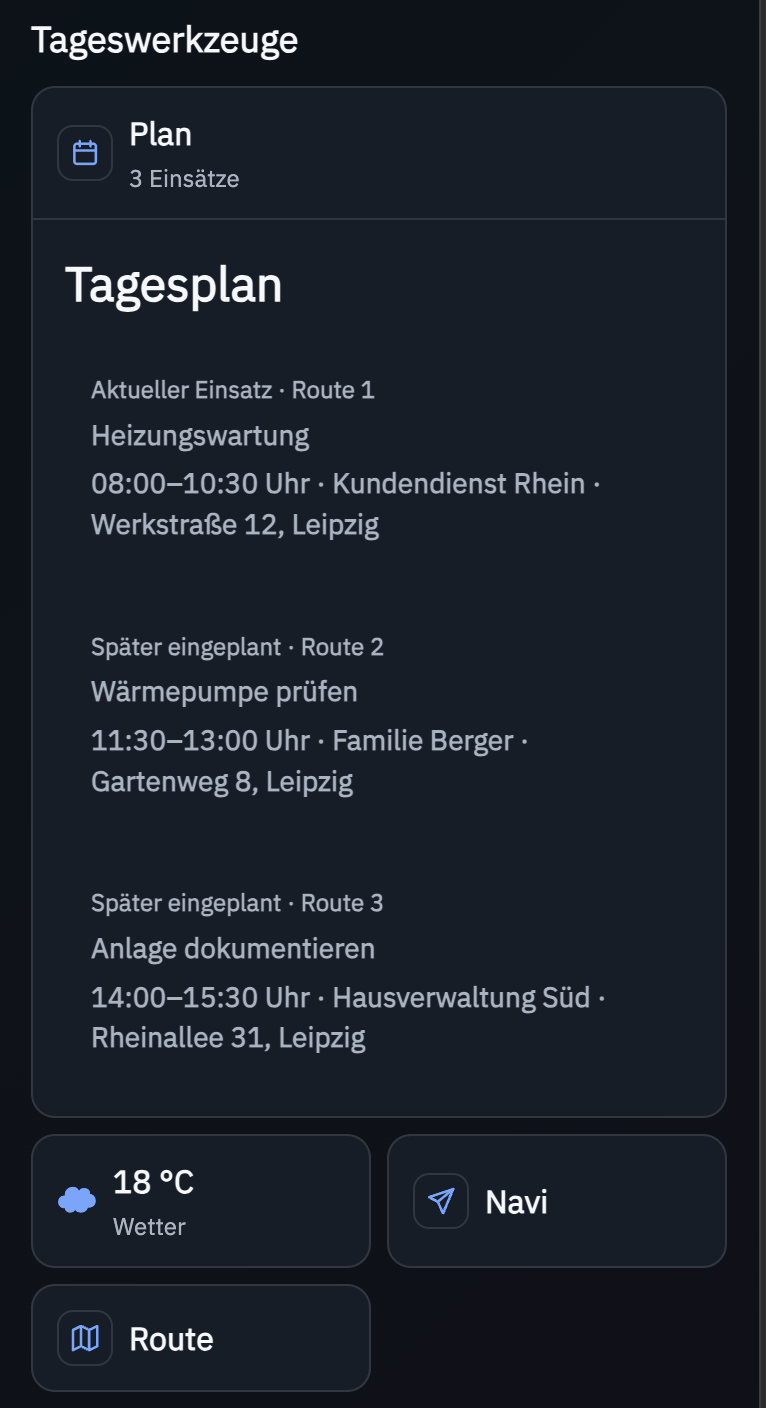 Mobiler Tagesplan mit drei Einsätzen und Werkzeugen für Navigation und Route