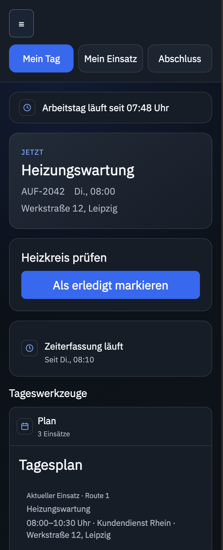 Mobile Ansicht Mein Tag mit aktuellem Einsatz, Aufgabe und laufender Zeiterfassung